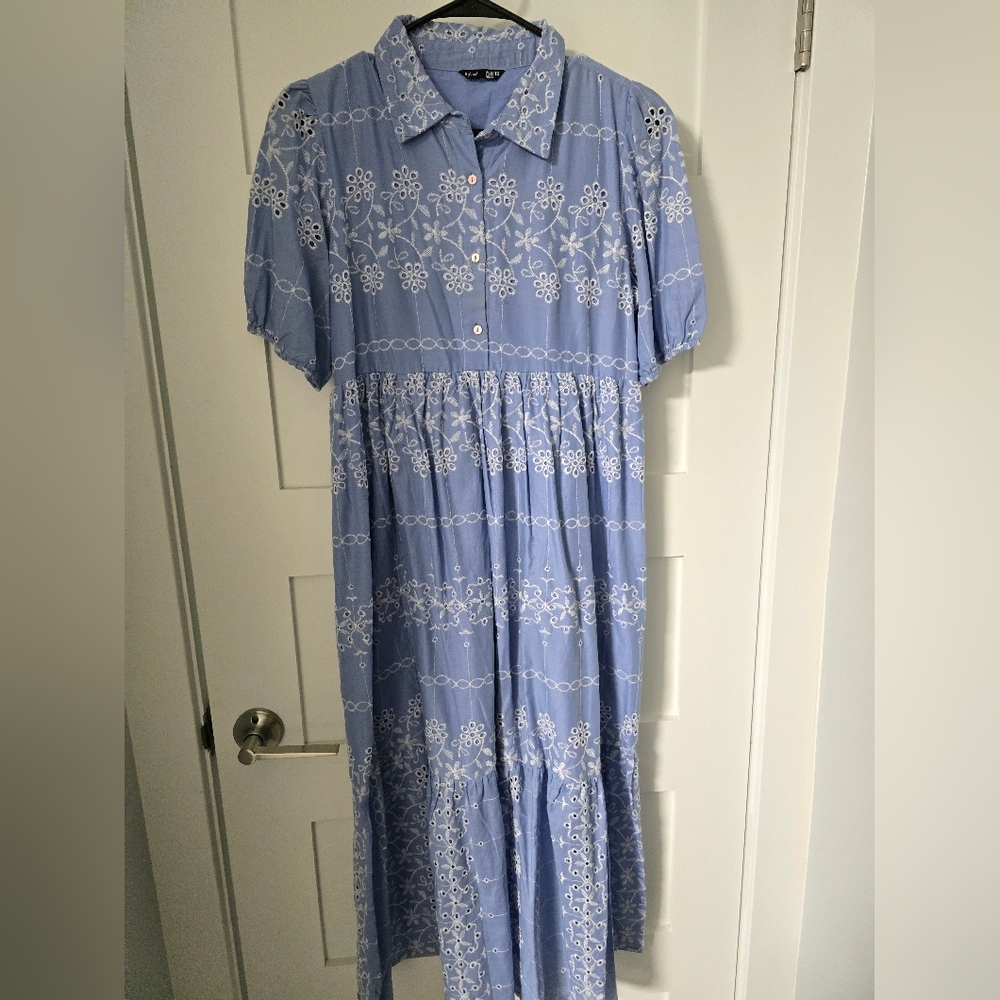 Elegant Blue Embroidered Floral Maxi Dress